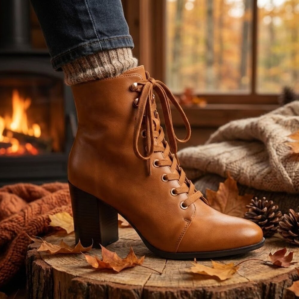 NWT Bamboo Whisky Tan Lace Up Block Heel Ankle Booties 3.75"